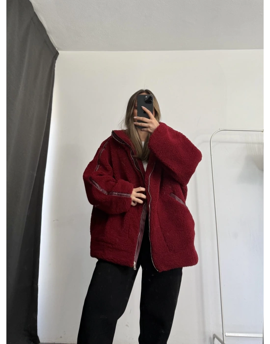 Damen Oversize Peluş Mont - Bordo