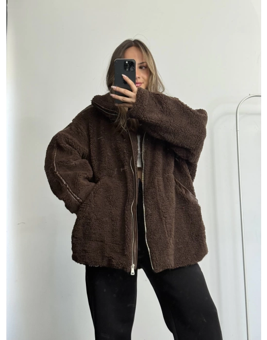 Damen Oversize Peluş Mont - Kahve