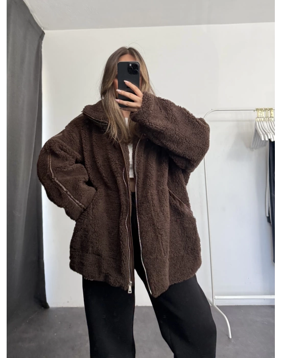 Damen Oversize Peluş Mont - Kahve