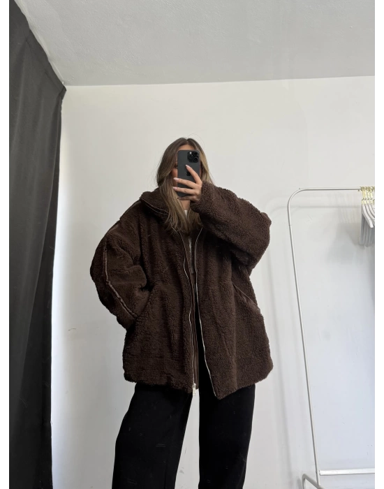 Damen Oversize Peluş Mont - Kahve