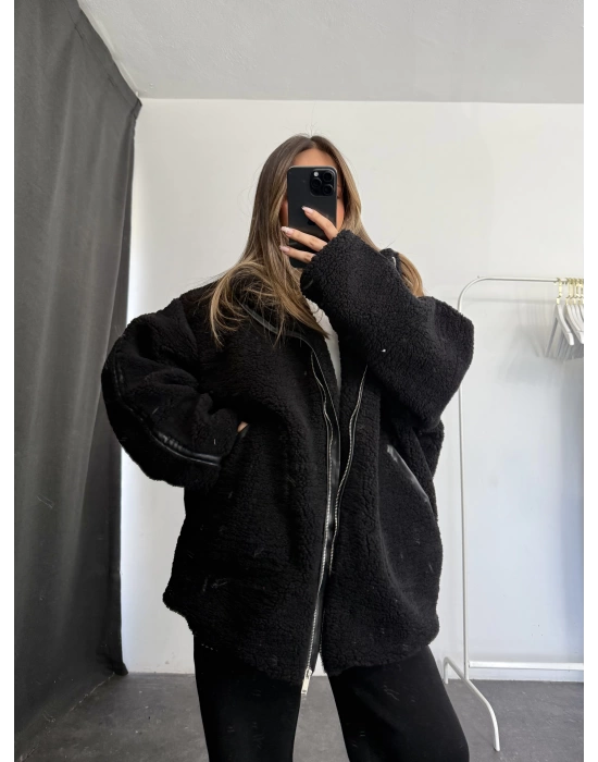 Damen Oversize Peluş Mont - Siyah