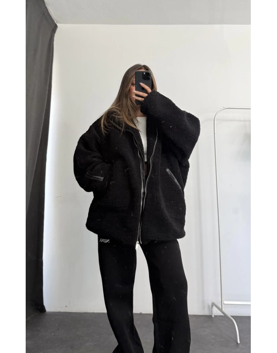 Damen Oversize Peluş Mont - Siyah