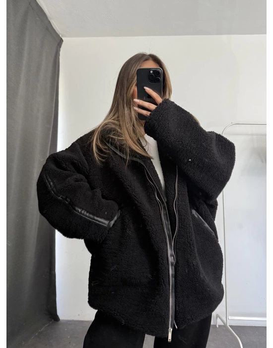 Damen Oversize Peluş Mont - Siyah