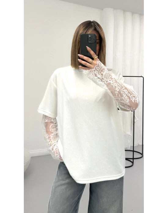 Dantel Kol Detay Tshirt - Beyaz