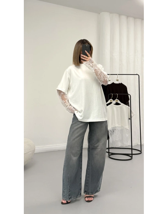 Dantel Kol Detay Tshirt - Beyaz