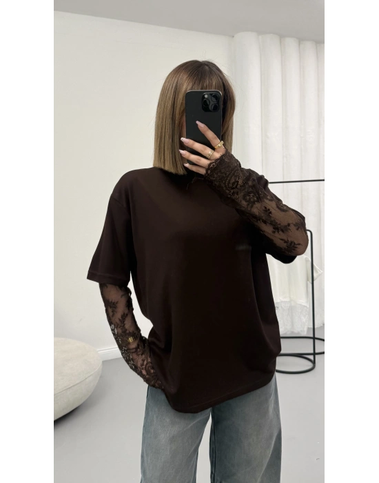 Dantel Kol Detay Tshirt - Kahve