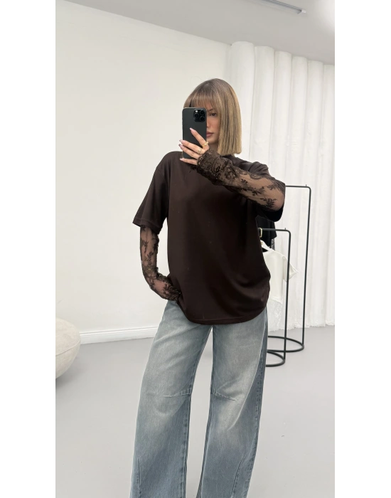 Dantel Kol Detay Tshirt - Kahve