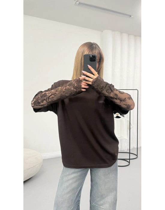 Dantel Kol Detay Tshirt - Kahve