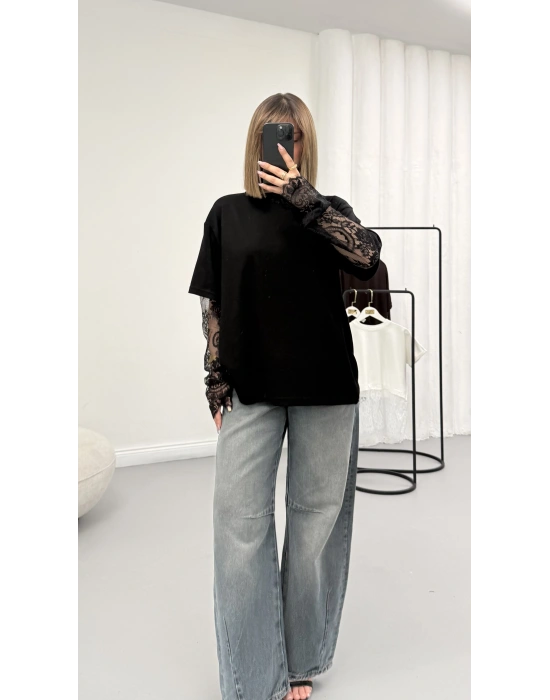 Dantel Kol Detay Tshirt - Siyah