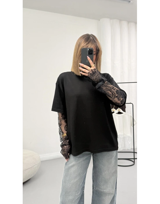 Dantel Kol Detay Tshirt - Siyah