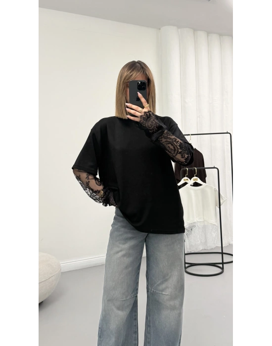 Dantel Kol Detay Tshirt - Siyah