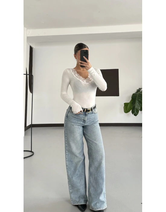 Dantelli Transparan Bluz- Beyaz