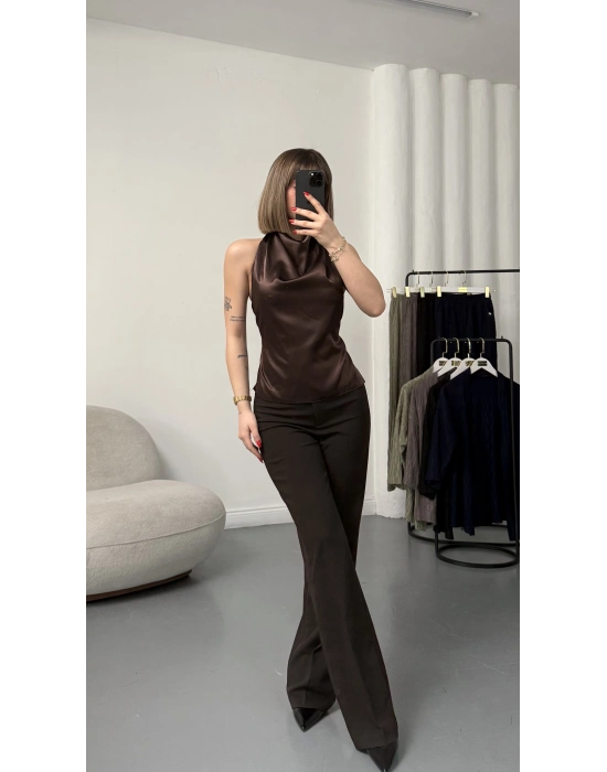 Destina Saten Bluz - Kahve