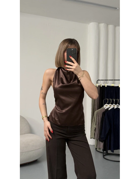 Destina Saten Bluz - Kahve