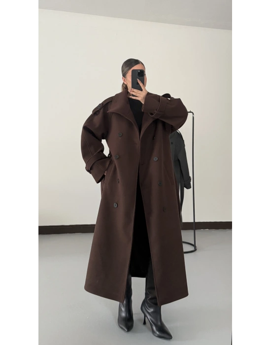 Dik Yaka Long Kaşe Kaban - Kahve