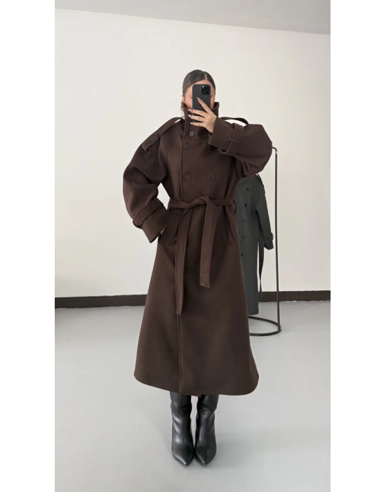 Dik Yaka Long Kaşe Kaban - Kahve