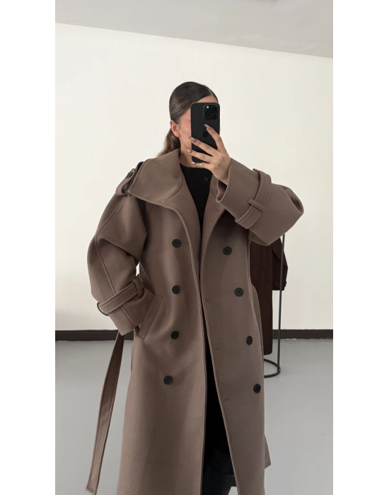 Dik Yaka Long Kaşe Kaban - Vizon