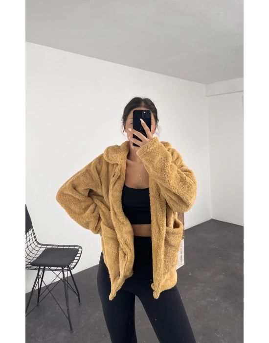 Düğmeli Peluş Ceket -Hardal