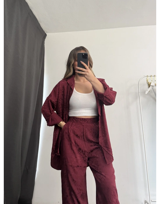 Elena Desenli Gömlek Takım - Bordo
