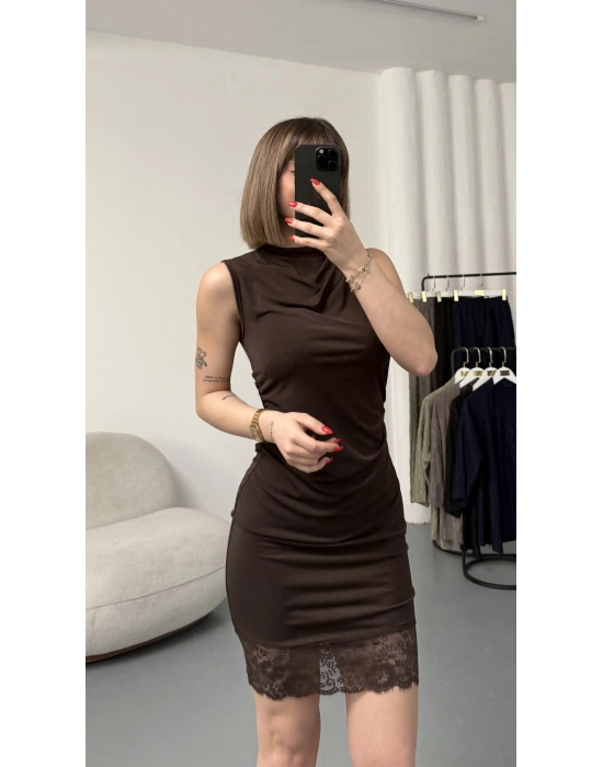 Elisa Dantel Detay Elbise - Kahve