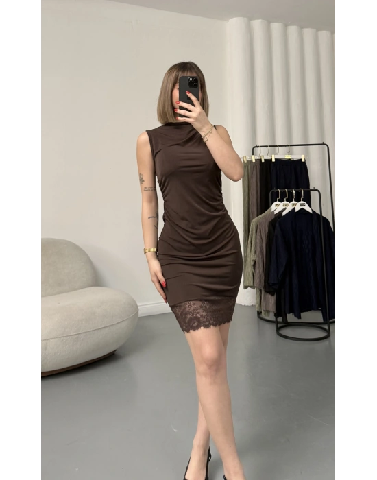 Elisa Dantel Detay Elbise - Kahve