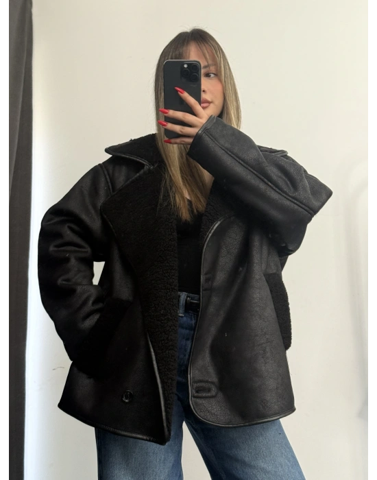 Ella Kürklü Ceket - Siyah