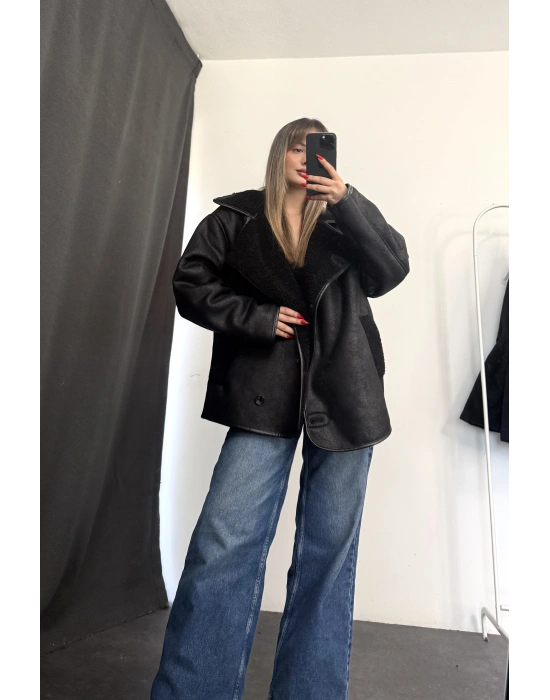 Ella Kürklü Ceket - Siyah