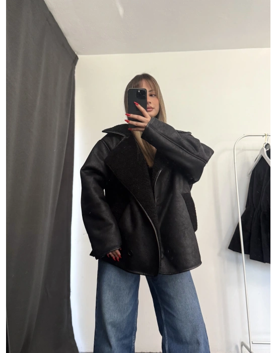 Ella Kürklü Ceket - Siyah