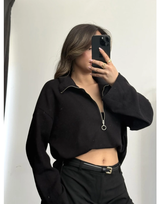 Eloise Fermuarlı Bluz - Siyah
