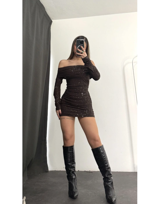 Eloise Simli Madonna Elbise - Kahve