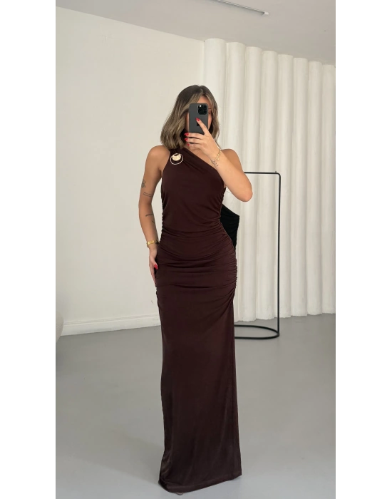 Emmy Tek Omuz Elbise - Kahve