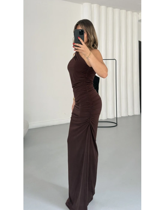 Emmy Tek Omuz Elbise - Kahve