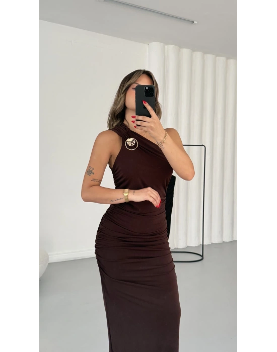 Emmy Tek Omuz Elbise - Kahve