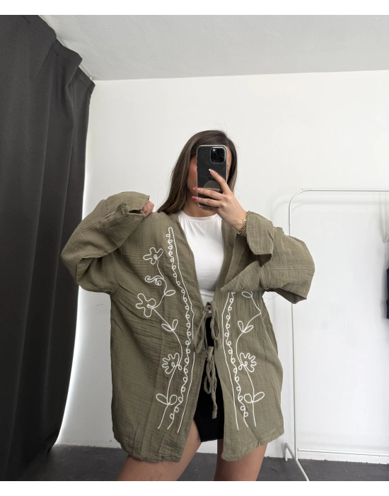 Etnik Desen Kimono Ceket- Haki
