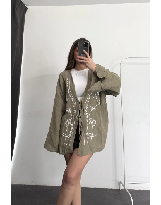 Etnik Desen Kimono Ceket- Haki
