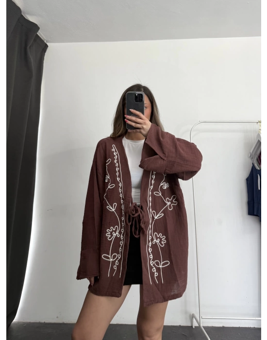 Etnik Desen Kimono Ceket- Kahve