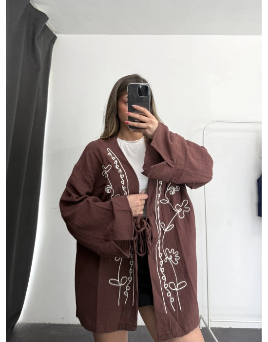 Etnik Desen Kimono Ceket- Kahve