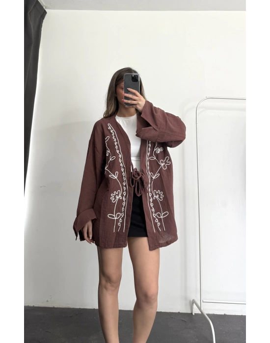Etnik Desen Kimono Ceket- Kahve