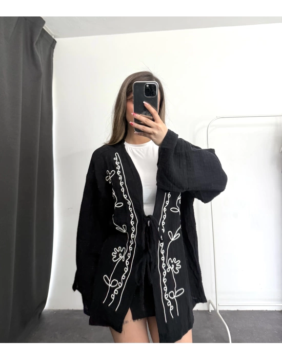 Etnik Desen Kimono Ceket- Siyah