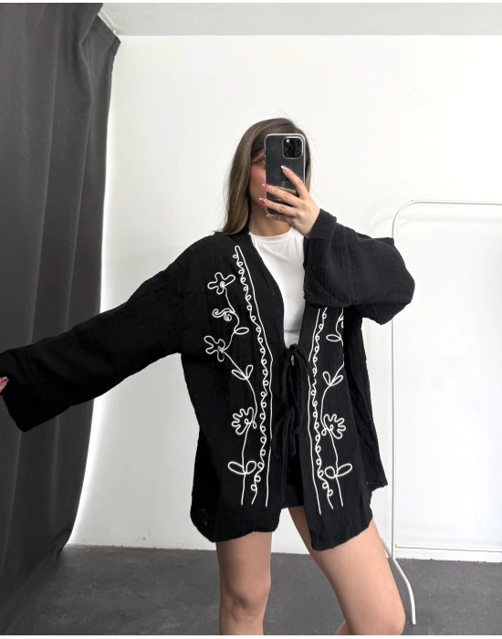 Etnik Desen Kimono Ceket- Siyah