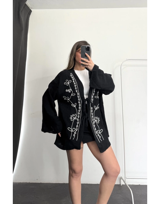 Etnik Desen Kimono Ceket- Siyah