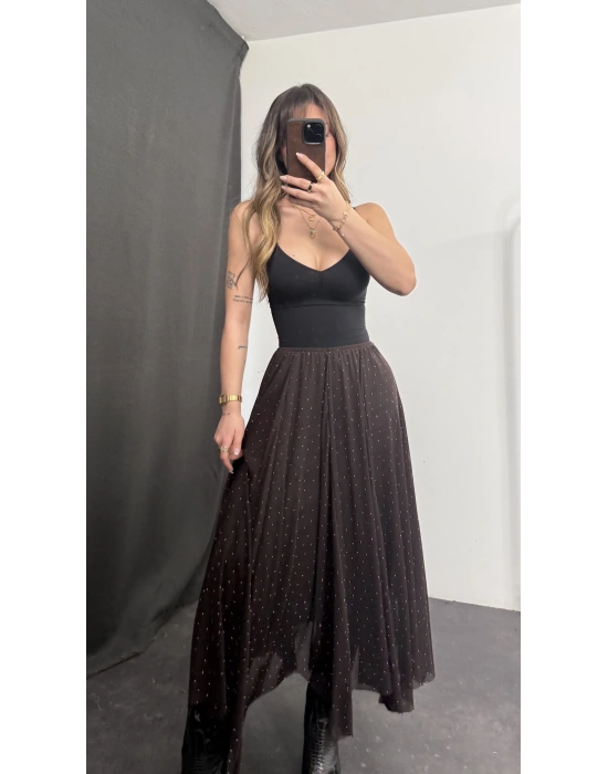 Eva Taşlı Tül Etek - Kahve