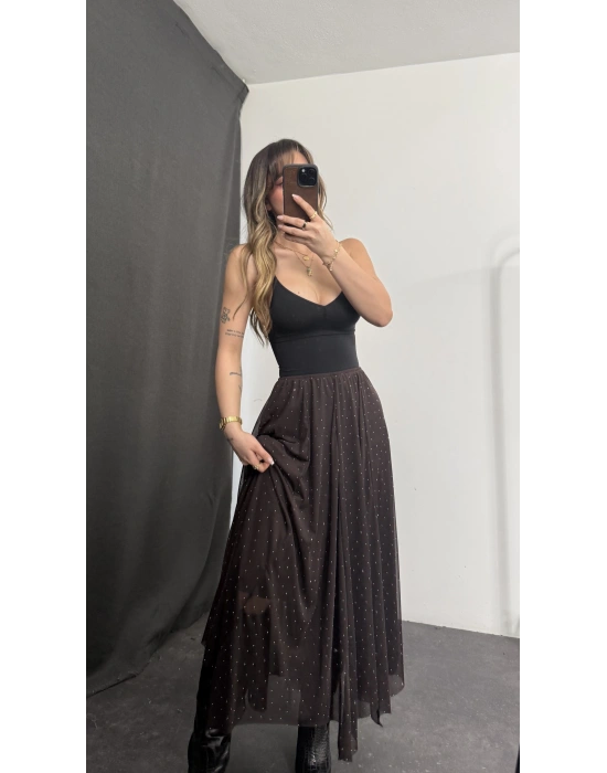 Eva Taşlı Tül Etek - Kahve