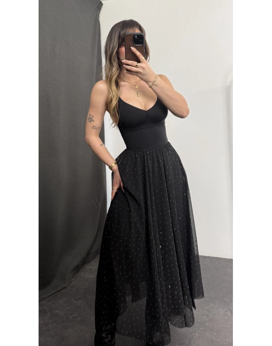 Eva Taşlı Tül Etek - Siyah