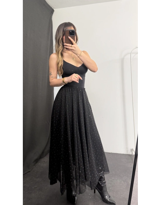 Eva Taşlı Tül Etek - Siyah