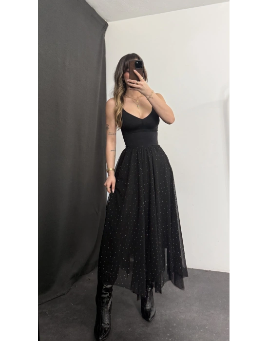 Eva Taşlı Tül Etek - Siyah