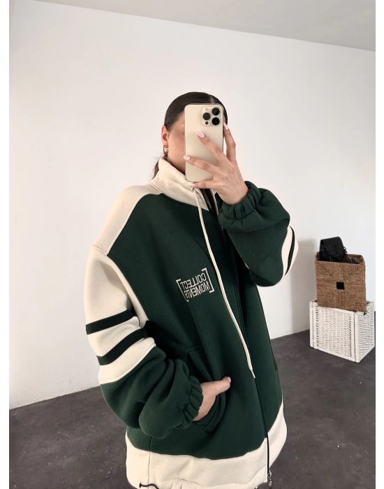 Fermuarlı Oversize Hırka - Haki