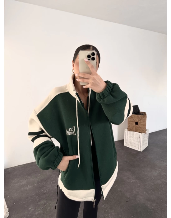 Fermuarlı Oversize Hırka - Haki