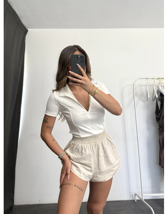 Fermuarlı Polo Body - Beyaz