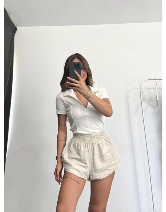 Fermuarlı Polo Body - Beyaz